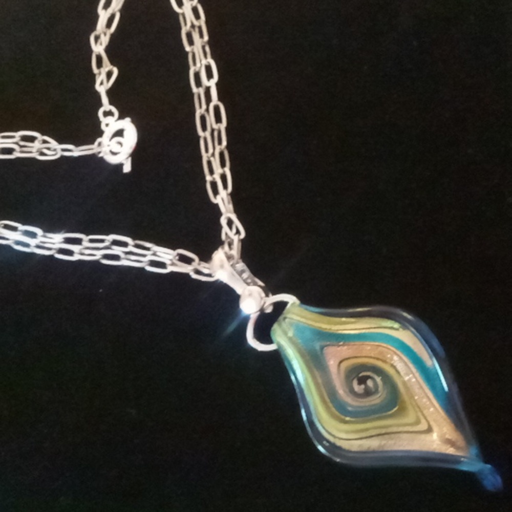 artisan glass pendant necklace on a doubled paperclip chain with toggle clasp